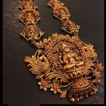 Lakshmi Pendant Temple Work Long Necklace Set With Jhumka 2