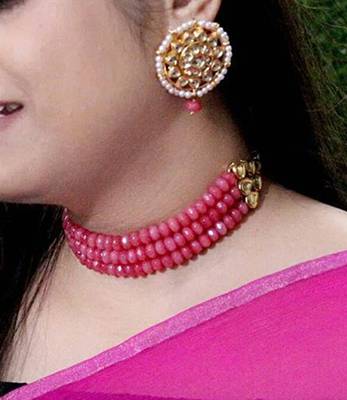 Pink Onyx And Gold Plated Kundan Choker Necklace Set 1