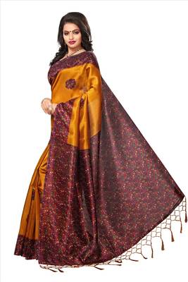 Yellow printed cotton silk saree with blouse 1