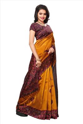 Yellow printed cotton silk saree with blouse 2