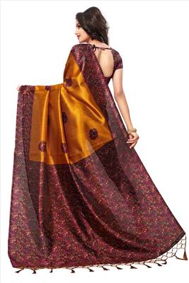 Yellow printed cotton silk saree with blouse 3