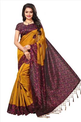 Yellow printed cotton silk saree with blouse 4