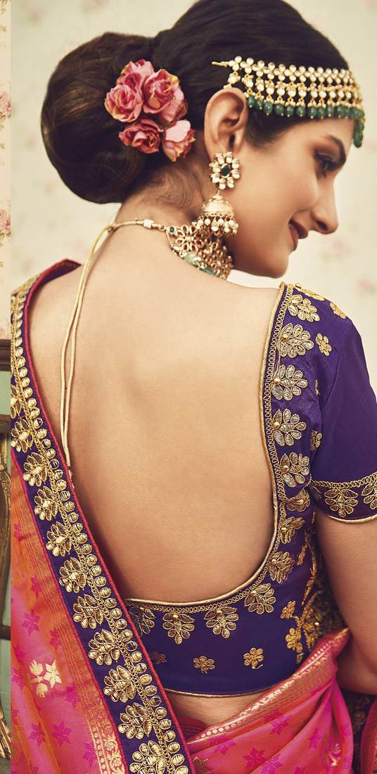 Magenta Printed Silk Blend Saree With Unstitched Blouse Piece main image 0