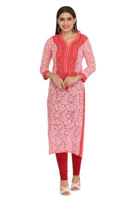 Ada Hand Embroidered Carrot Pink Georgette Lucknow Chikan Women Kurta - A280302 2