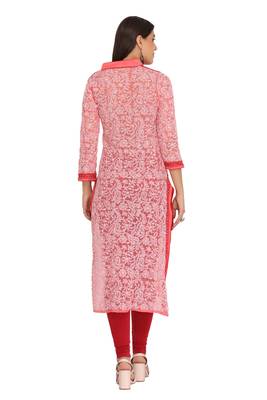 Ada Hand Embroidered Carrot Pink Georgette Lucknow Chikan Women Kurta - A280302 3