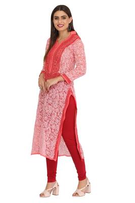 Ada Hand Embroidered Carrot Pink Georgette Lucknow Chikan Women Kurta - A280302 4