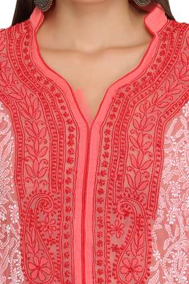 Ada Hand Embroidered Carrot Pink Georgette Lucknow Chikan Women Kurta - A280302 5