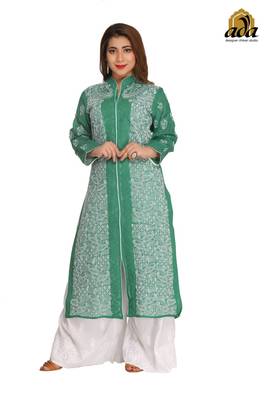 Green Embroidered Cotton Chikankari Kurti 1