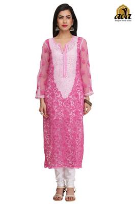 Onion Pink Embroidered Georgette Chikankari Kurti 1