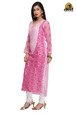 Onion Pink Embroidered Georgette Chikankari Kurti 3