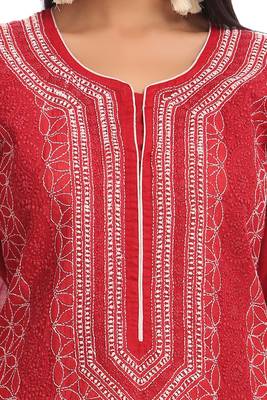 Maroon Embroidered Cotton Chikankari Kurti  4