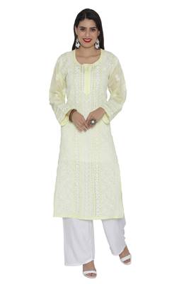 Lemon Embroidered Cotton Chikankari Kurti  2