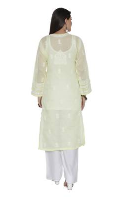 Lemon Embroidered Cotton Chikankari Kurti  3