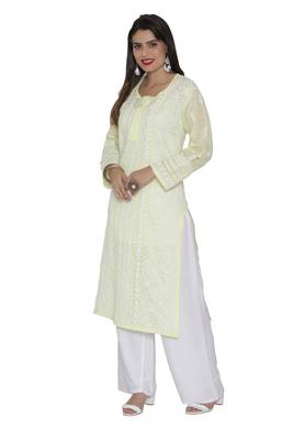 Lemon Embroidered Cotton Chikankari Kurti  4