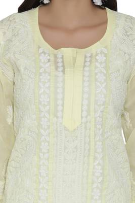 Lemon Embroidered Cotton Chikankari Kurti  5