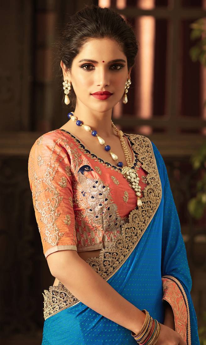 Blue embroidered jacquard saree with blouse Manjula Feb 2714086