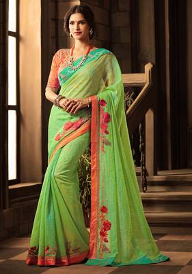 Parrot green embroidered cotton silk saree with blouse 1
