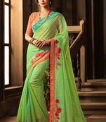 Parrot green embroidered cotton silk saree with blouse