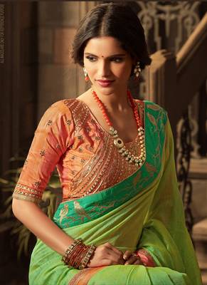 Parrot green embroidered cotton silk saree with blouse 2
