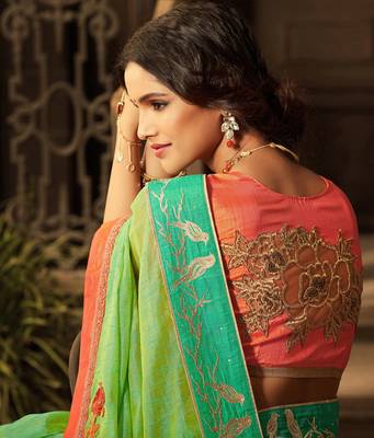 Parrot green embroidered cotton silk saree with blouse 3