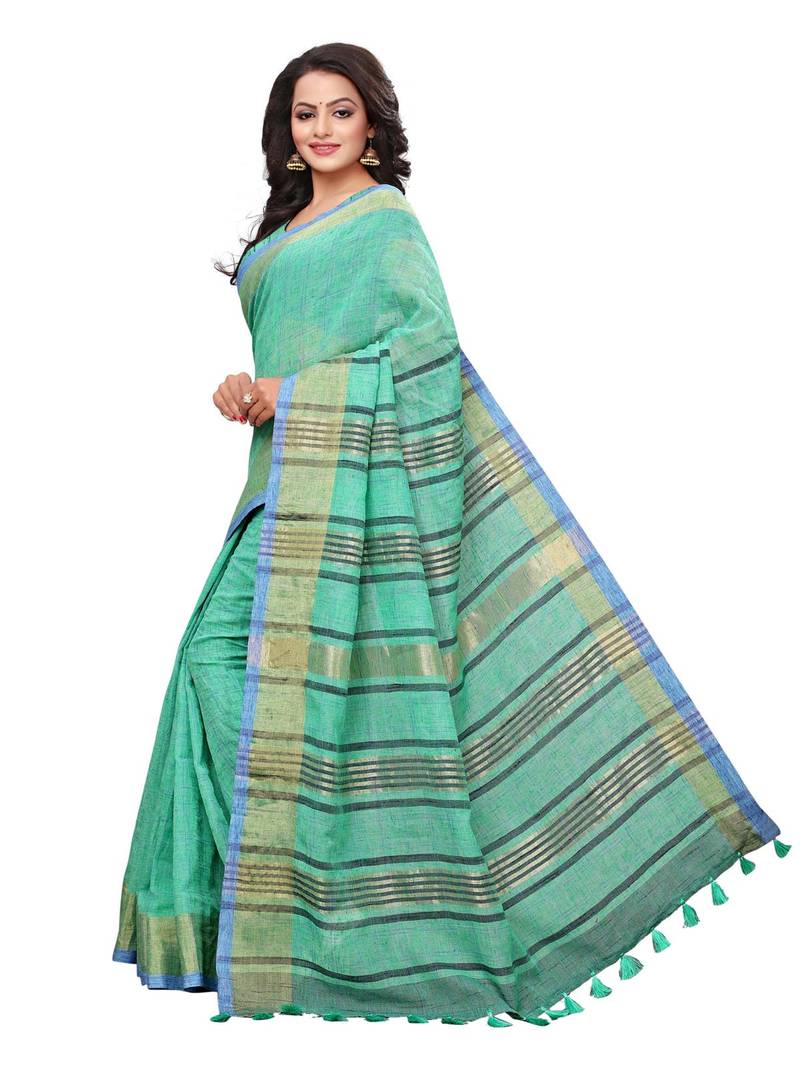 Turquoise Plain Linen Saree With Blouse Satrani Fashion 2714764