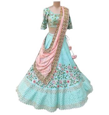 Light-blue embroidered dupion silk semi stitched lehenga with dupatta 1
