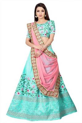 Light-blue embroidered dupion silk semi stitched lehenga with dupatta 2