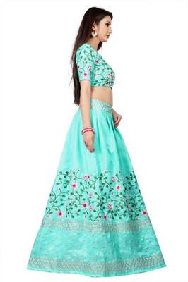 Light-blue embroidered dupion silk semi stitched lehenga with dupatta 4