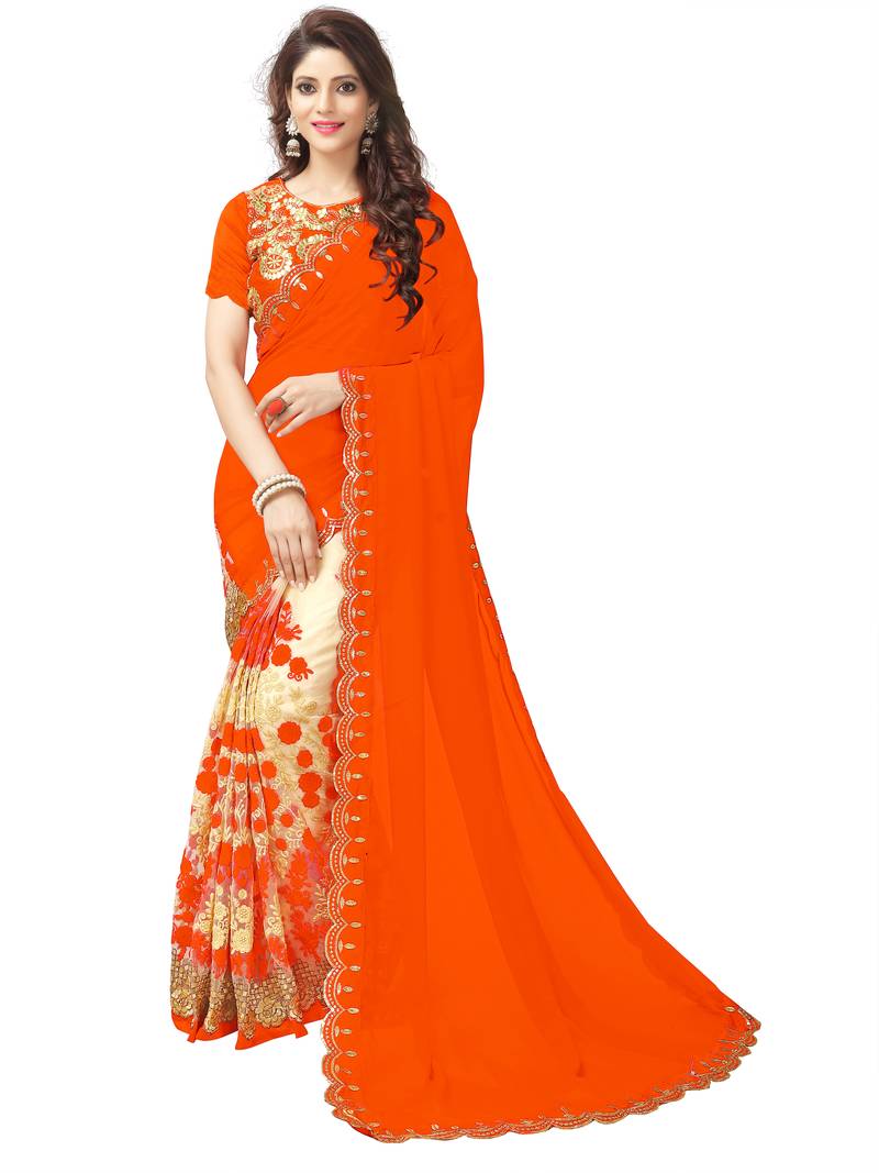 Women's Pure Georgette Orange Embellished Designer Saree With Blouse Piece