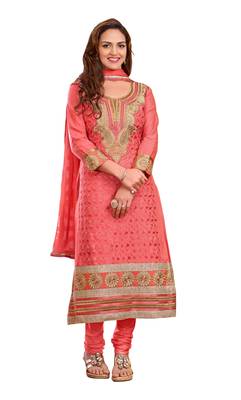 DnVeens Peach embroidered party wear cotton embroidery unstiched salwar with dupatta  1