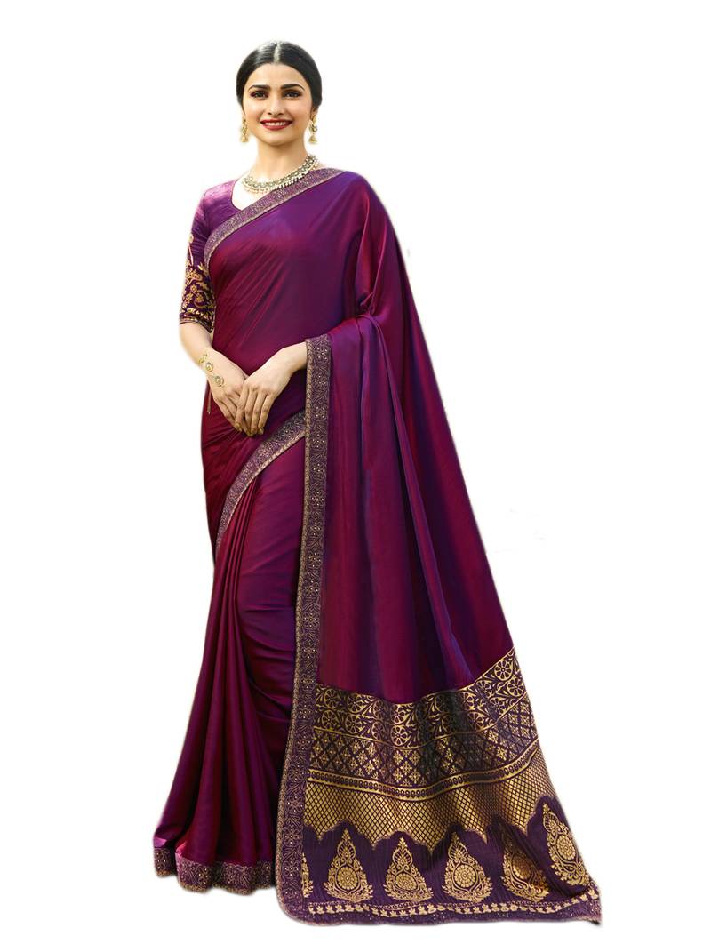 Purple Embroidered Silk Blend Saree With Unstitched Blouse Piece