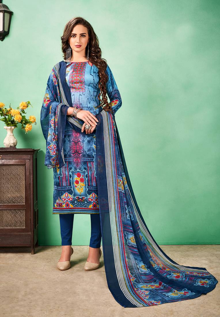Blue printed cotton salwar with dupatta
