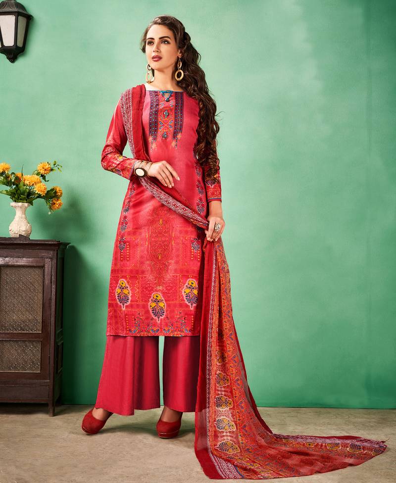 Light-red printed cotton salwar with dupatta