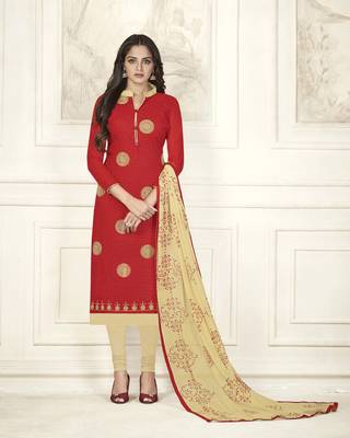 Red Embroidered Cotton Salwar With Dupatta 1