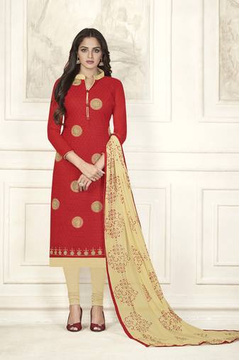 Red Embroidered Cotton Salwar With Dupatta