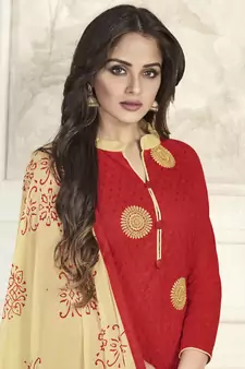 Red Embroidered Cotton Salwar With Dupatta