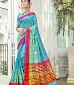 Sky Blue Woven Cotton Silk Saree With Blouse