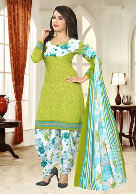 Green Printed Crepe Unstitched Salwar With Dupatta 1
