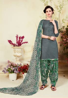 Grey Printed Cotton Blend Unstitched Salwar With Dupatta 1