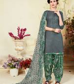 Grey Printed Cotton Blend Unstitched Salwar With Dupatta