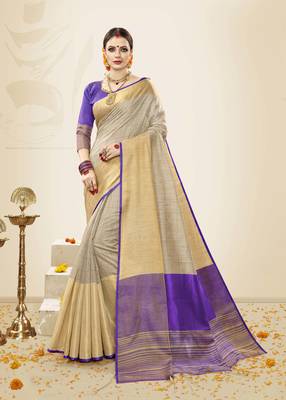 Beige Woven Cotton Silk Saree With Blouse 1