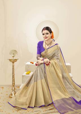 Beige Woven Cotton Silk Saree With Blouse 2