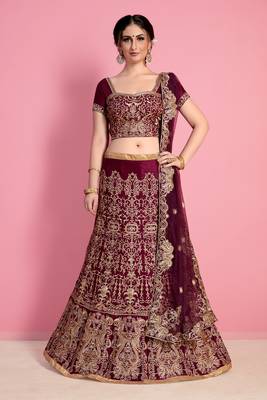 Wine Embroidered Velvet Lehenga With Dupatta 1
