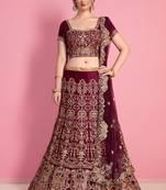 Wine Embroidered Velvet Lehenga With Dupatta
