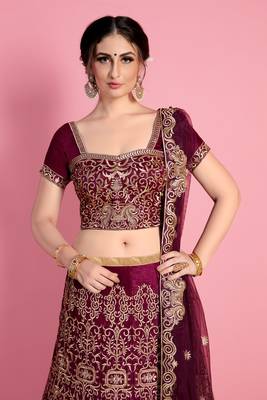 Wine Embroidered Velvet Lehenga With Dupatta 2