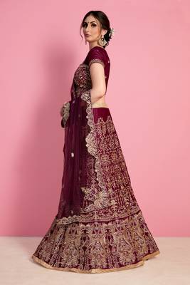 Wine Embroidered Velvet Lehenga With Dupatta 3