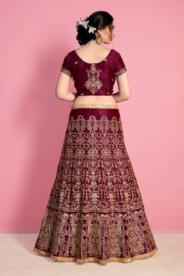 Wine Embroidered Velvet Lehenga With Dupatta 4