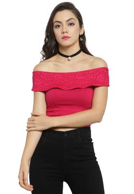 Fuchsia Pink Off Shoulder Cotton Lycra Stretchable Blouse 1