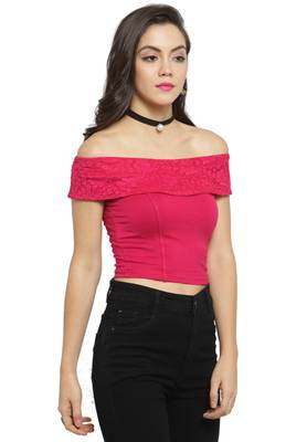 Fuchsia Pink Off Shoulder Cotton Lycra Stretchable Blouse 3