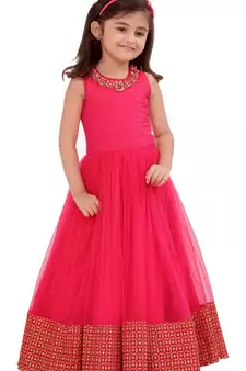 Pink Sequance Embroidery Lace Work Banglori Silk With Net Full Flair Readymade Partywear Goen Dress Fro Girls